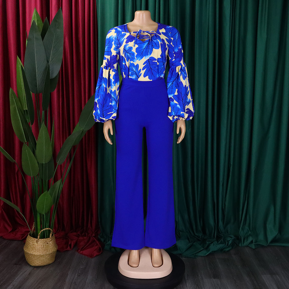 Plus Size Women's Fashion Print Lace-Up Top Wide Leg Pants Two-Piece Set 10