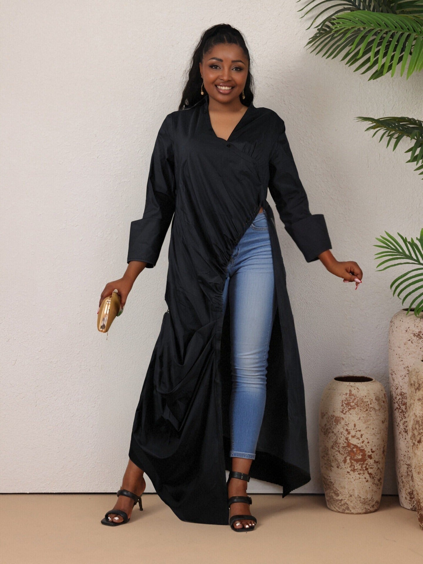 Women sexy V Neck long sleeve pleated Casual dress