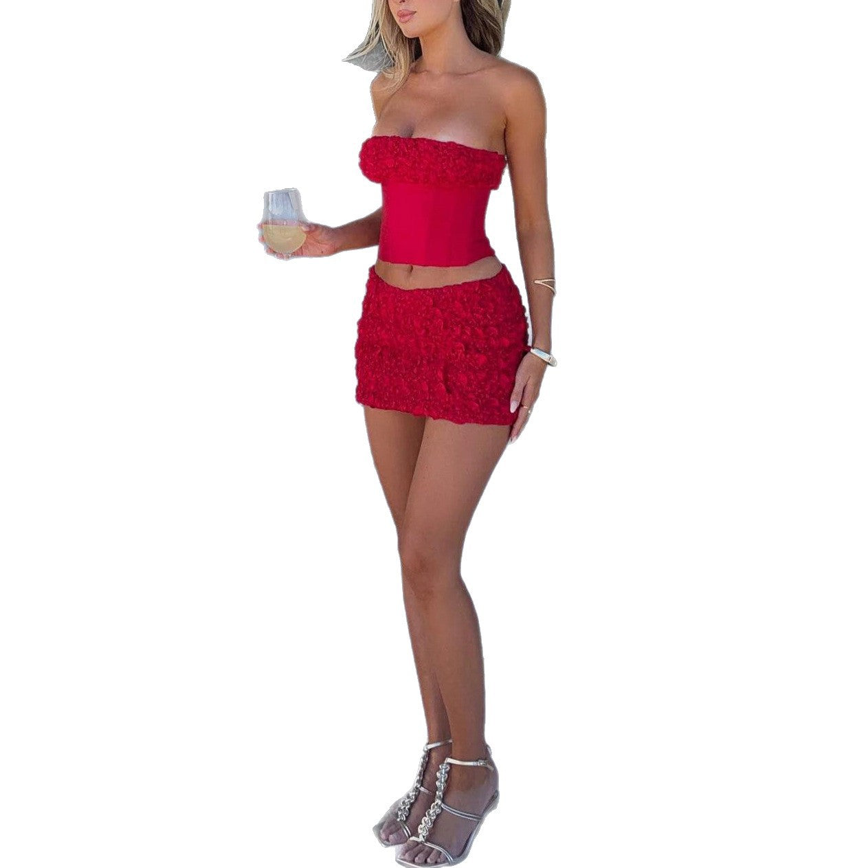 Women Summer Strapless Crop Top and Mini Skirt Two-Piece Set 8