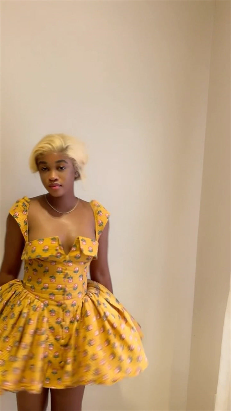 Women Summer Square Neck Printed Irregular Mini Dress 7