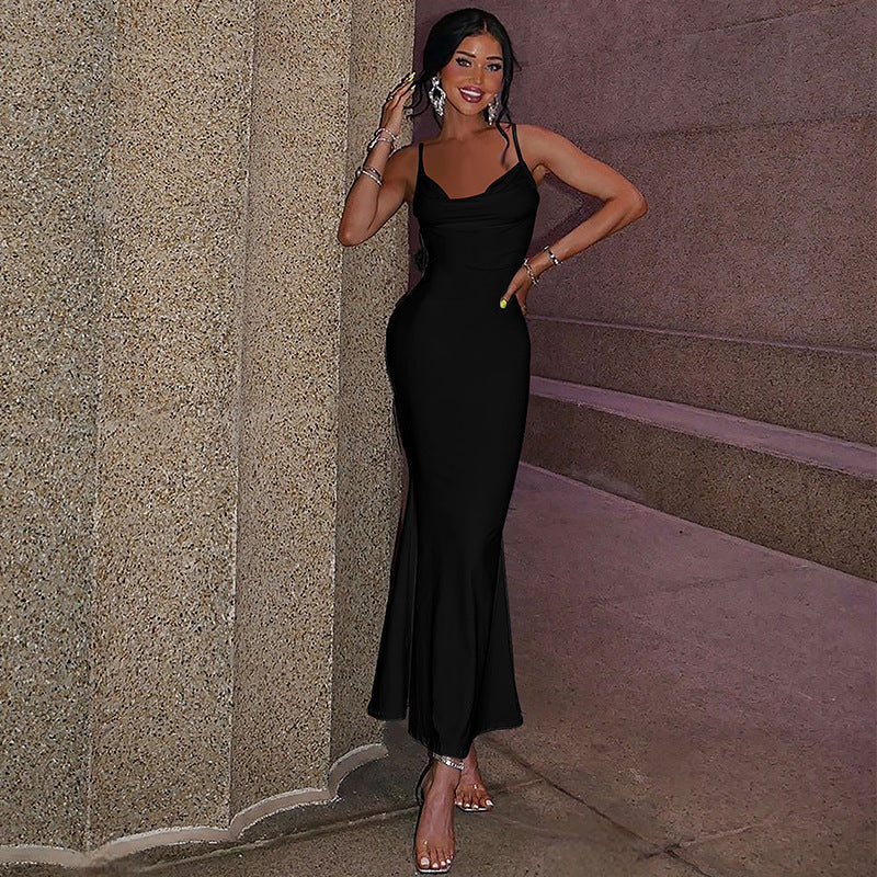 Summer Women's Sexy Low Back Flower Decorated Strap Long Dress 10