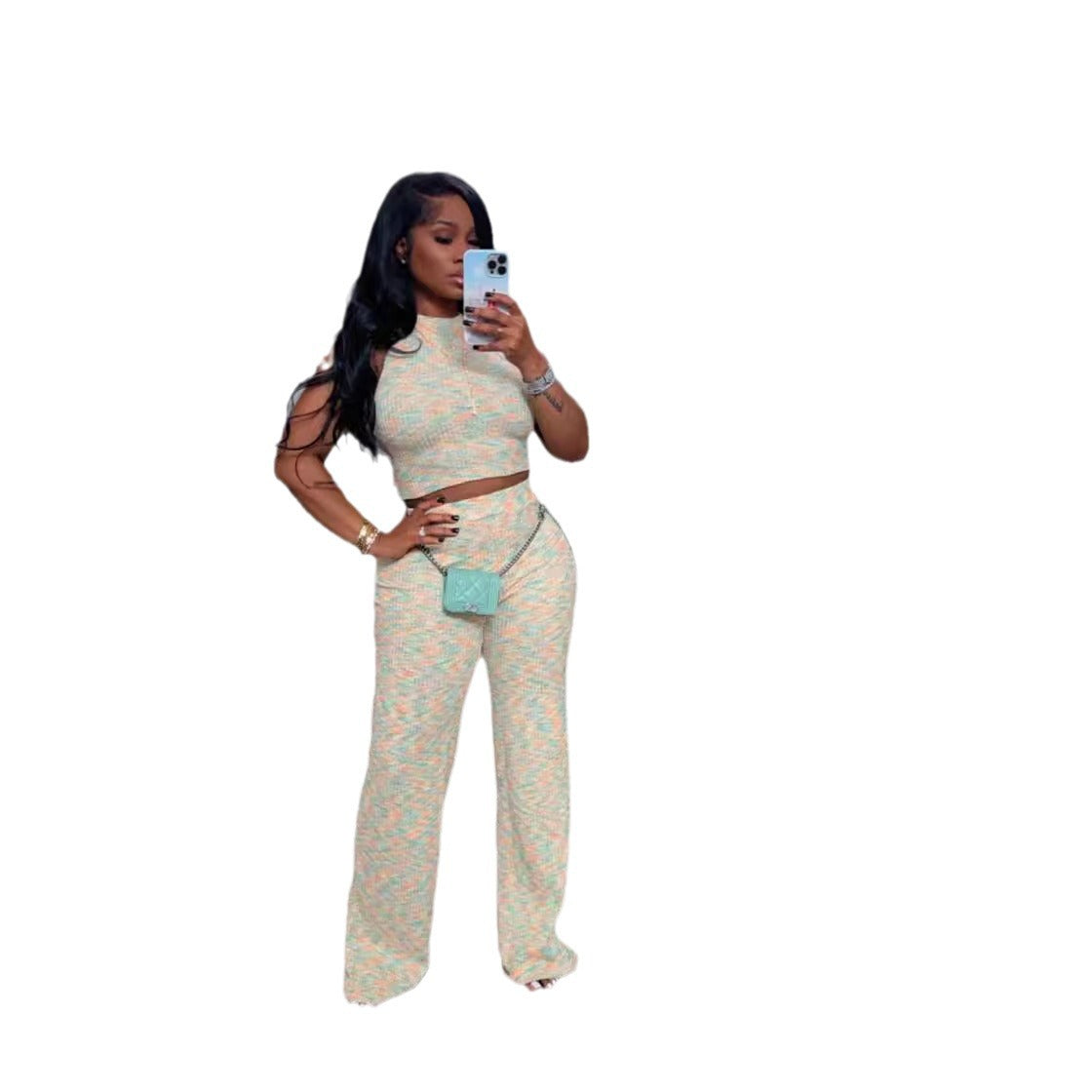 Women's Summer Sleeveless Printed Wide-Leg Two-Piece Trousers Set 8