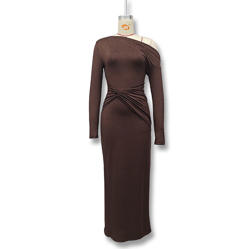 Women Fall and Winter Sexy Slash Shoulder Long Sleeve Bodycon Dress 15