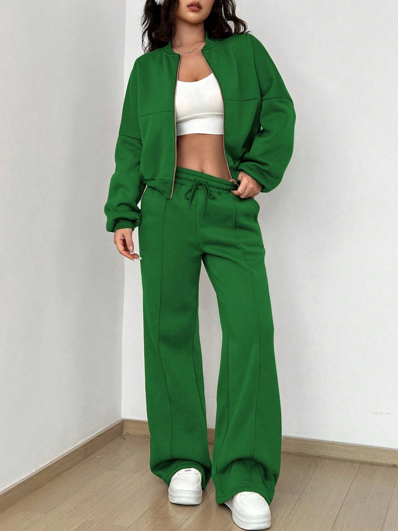 Spring autumn two-piece trendy solid color zipper long sleeve loose top elastic sweatpants two-piece set 6