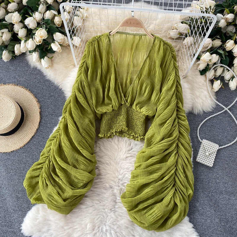 Pleated Puff Sleeves Slim Short Fashionable Chiffon Shirt Tops 16