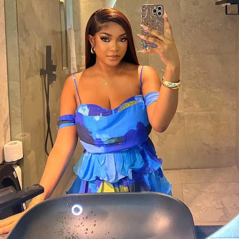 Women printed Chic sexy suspenders Backless dress 3