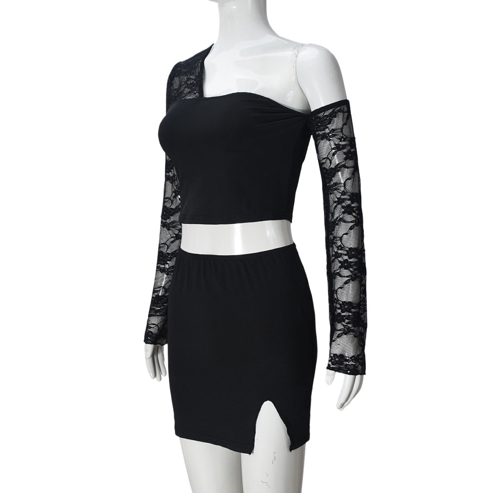 Women Spring and Summer Lace Sexy Hollow One-shoulder Irregular Top and Skirt Two-piece Set 6
