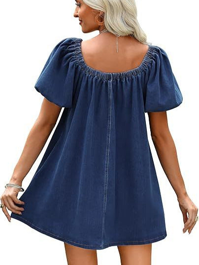 Summer Women's Square Neck Puff Sleeve Denim Short Dress 7