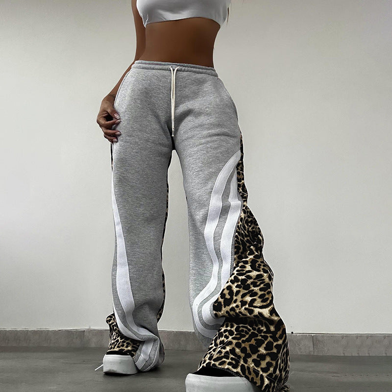 Autumn Style Street Trend Leopard Print Striped Color Block High Waist Loose Sweatpants 9