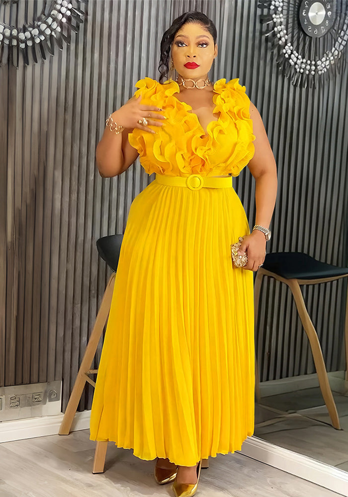 Women's African Plus Size Floral Sleeveless High Waist Pleated Gown Chic Dress