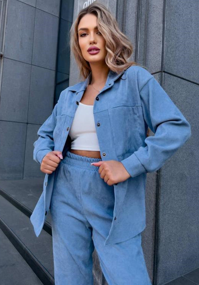 Women Fall Button Long Sleeve Shirt and Pant Two-piece Set