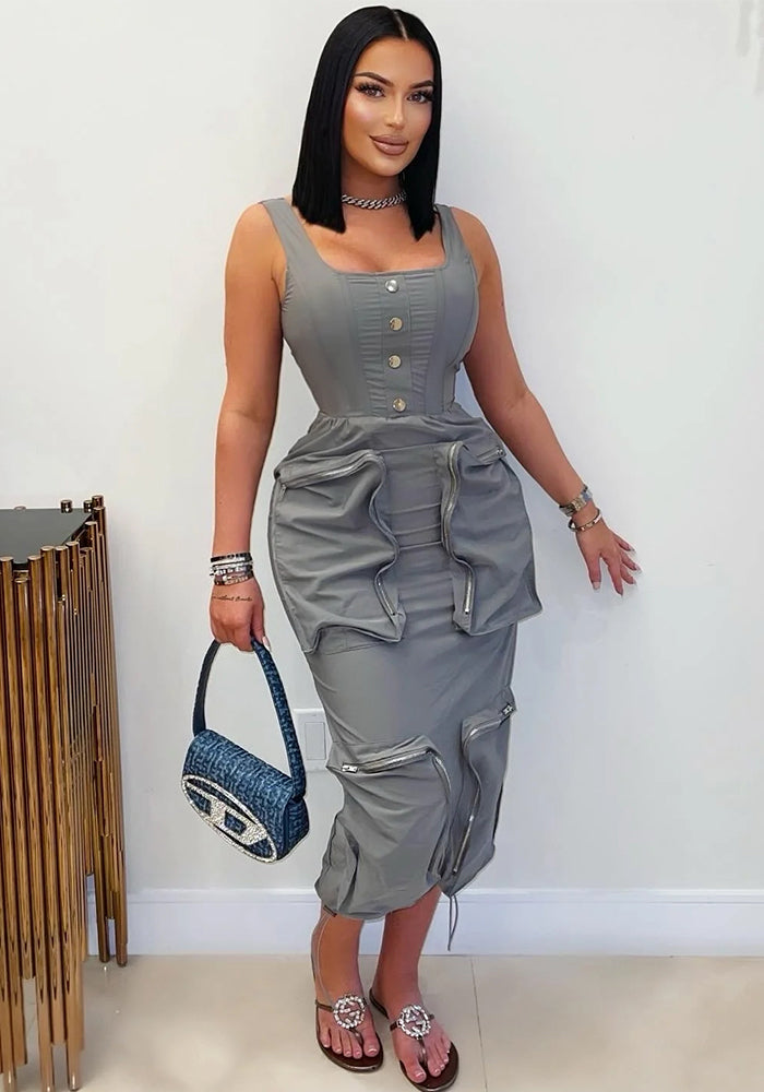 Women Elegant Casual Cargo Sleeveless Dress