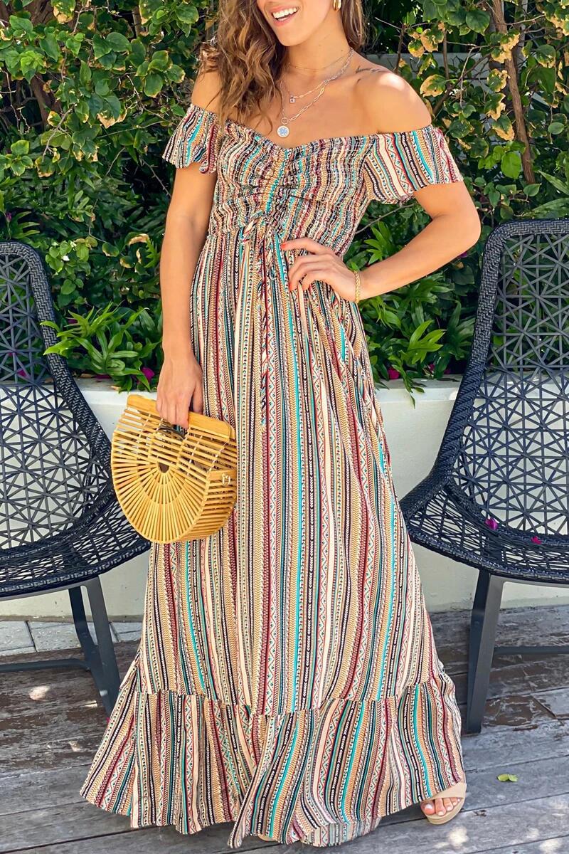 Women Summer Off Shoulder Short-sleeved striped pleated dress 5