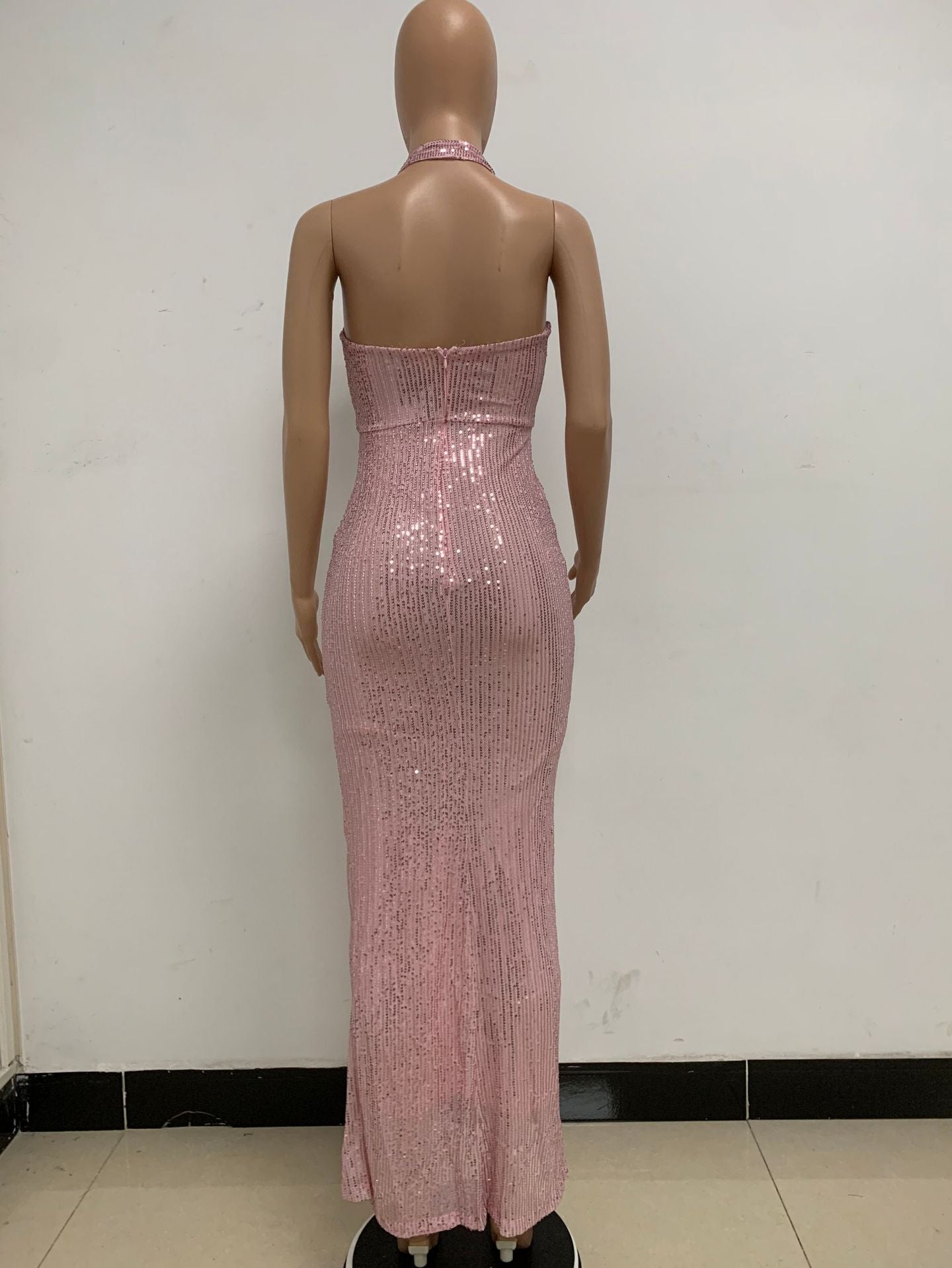 Women Sleeveless Halter Neck Backless Sequin Slit Evening Dress 82