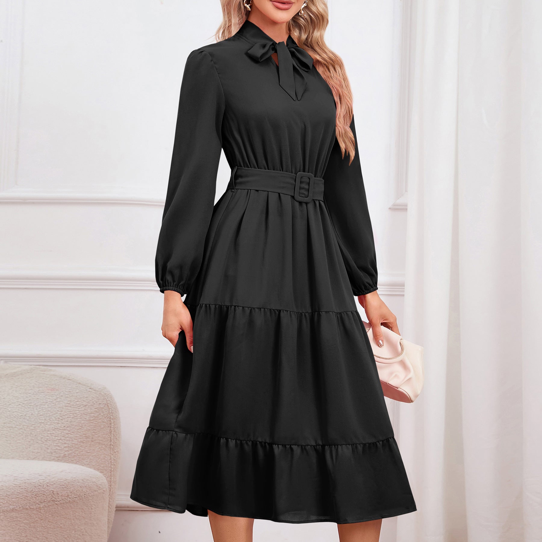 Elegant Slim Chic Tie Collar A-Line Casual Dress 15