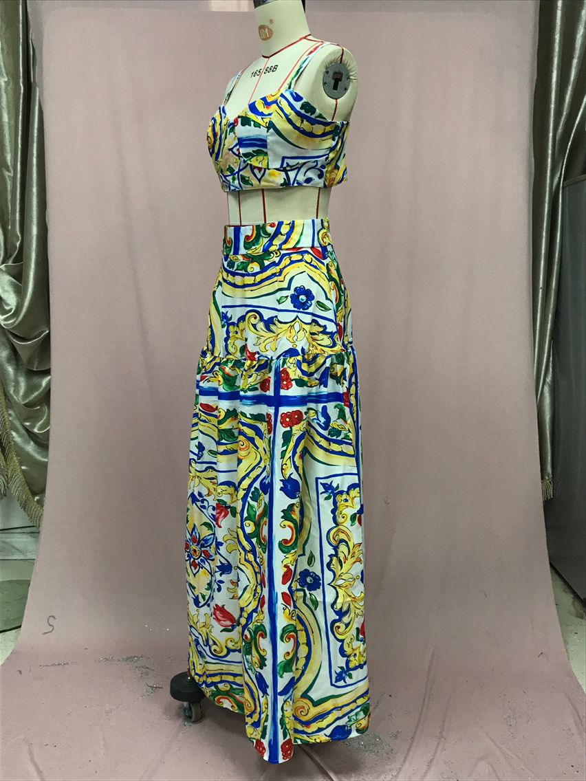 Women Sexy Chic Suspender Printed Top And Beach Skirt Two-Piece 20