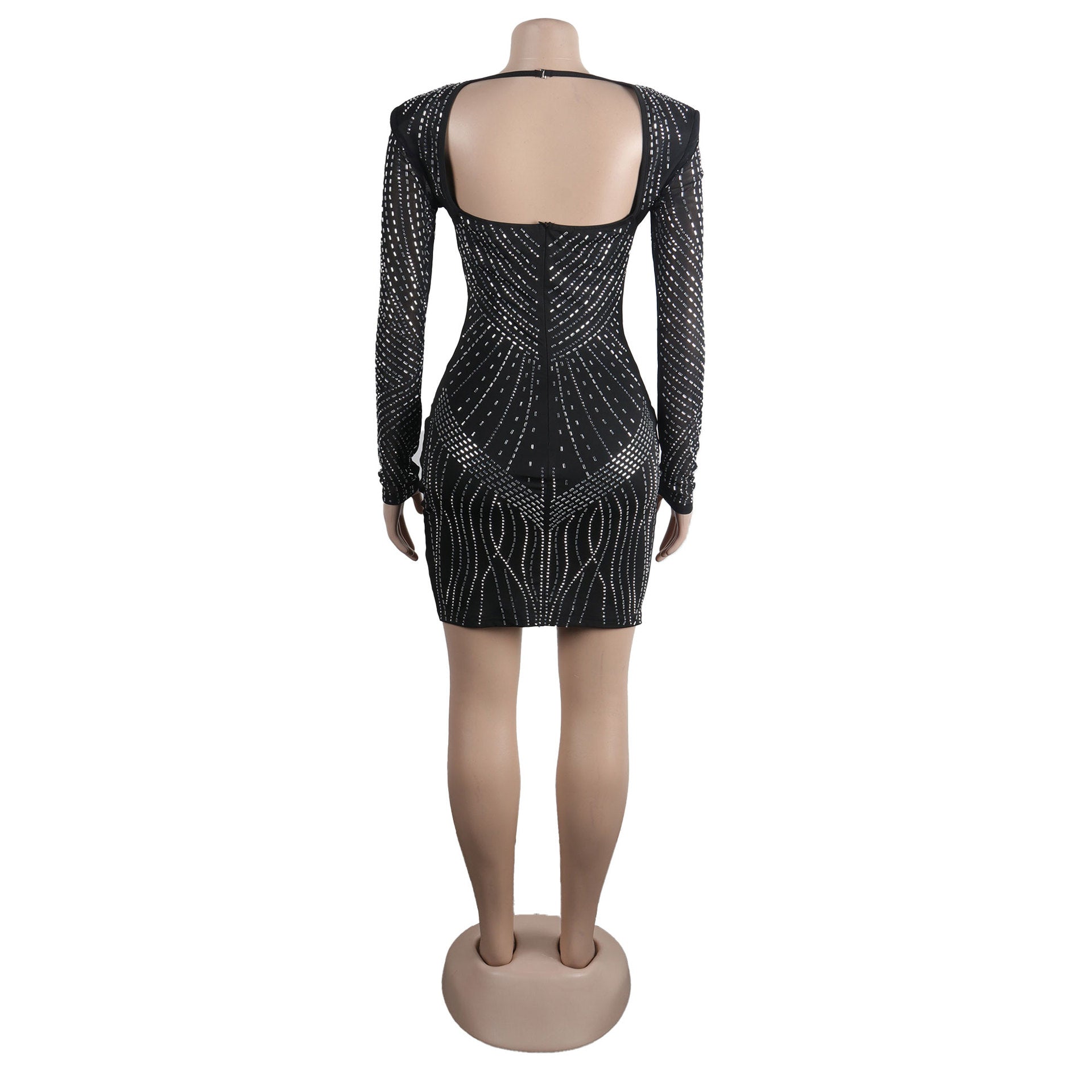Women Sexy Long Sleeve Beaded Backless Hollow Solid Dress 17