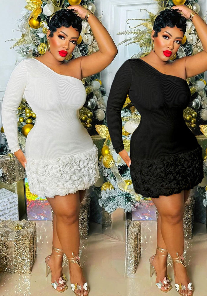 Women Single-Sleeve Ribbed Flower Bodycon Dress