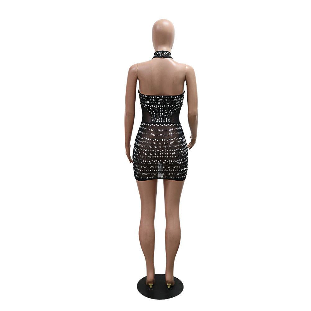 Beaded See-Through Sexy Mesh Halter Neck Fashion Club Dress 10