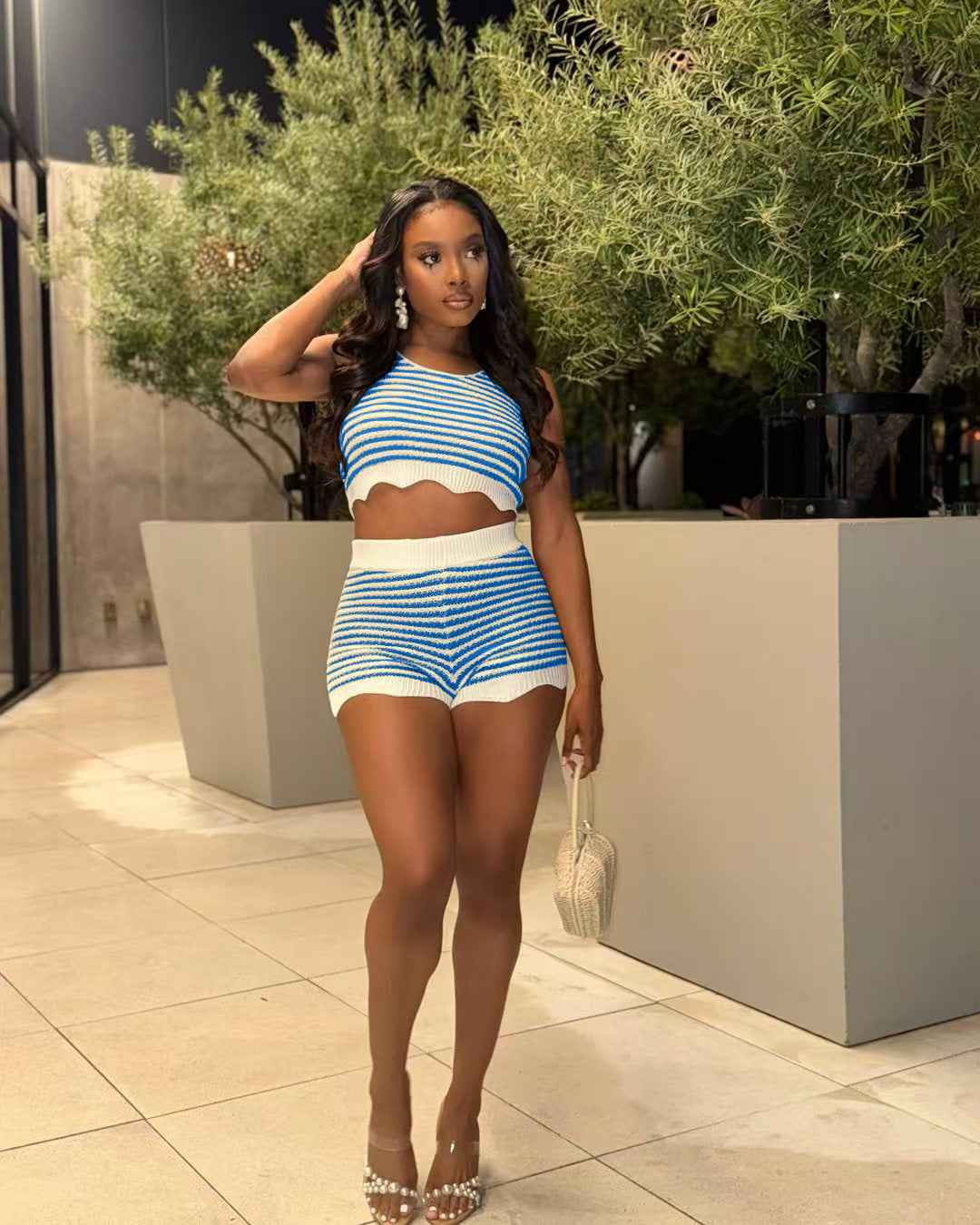 Fashion Casual Summer Contrast Color Knitting Short Sleeve Two Piece Shorts Set 5