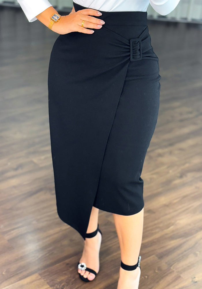 Women's black high waist Career lace-up waist fake two-piece long skirt
