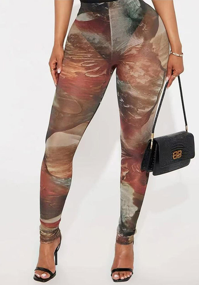 Women Spring and Summer Mesh Print See-Through Tight Pants