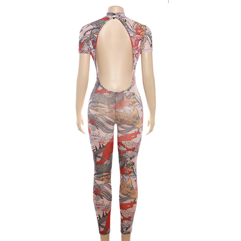 Summer Women sexy backless print see-through mesh jumpsuit 9