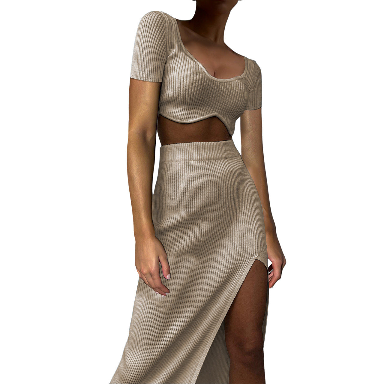 Women's Summer Short-Sleeved Ribbed Crop Top Slit Skirt Sexy Two-Piece Set 7