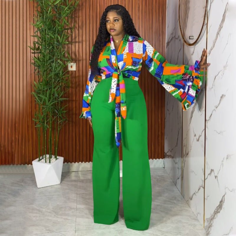 Plus-Size Women Fall Printed Bell Bottom-Sleeve Top and Wide-Leg Pants Two-Piece Set 5