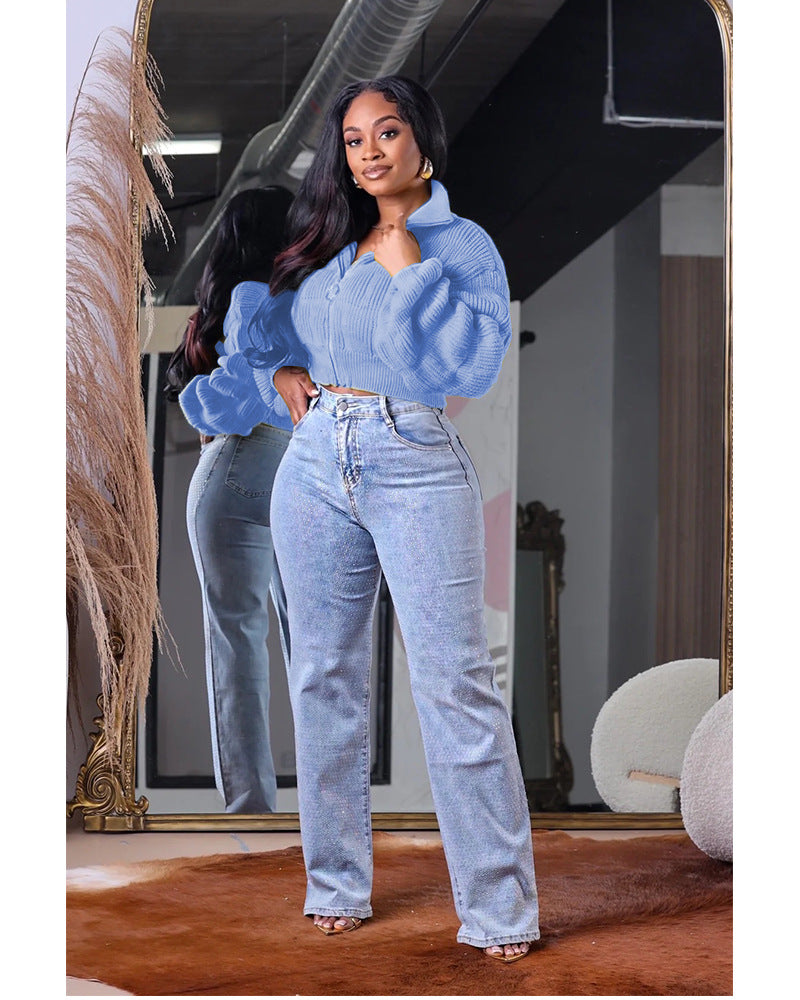 Women loose lantern sleeves Ribbed cuffs zipper sweater 8