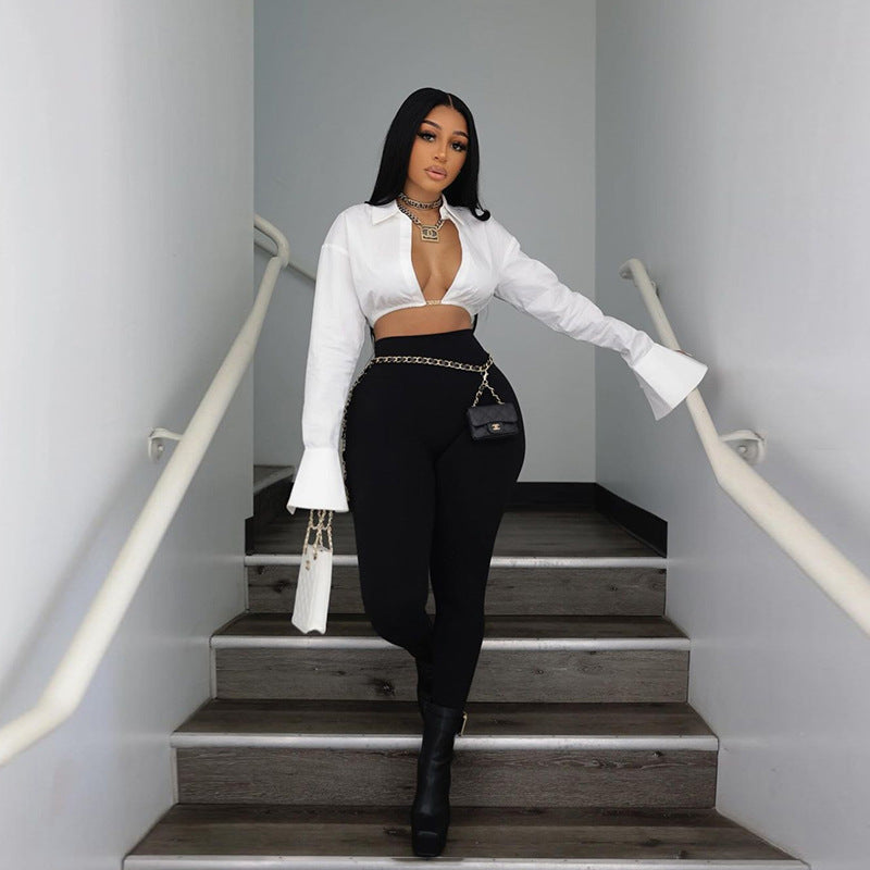 Autumn sexy Slim Waist solid color Turndown Collar crop long-sleeved shirt 4