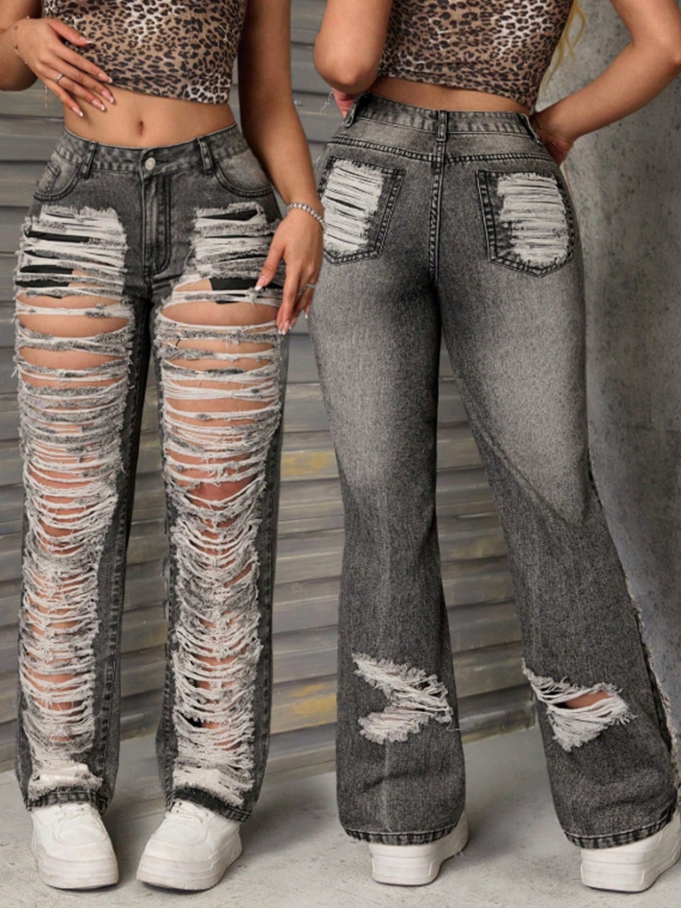 High-Waist Straight Loose Women's Ripped Denim Pants 3