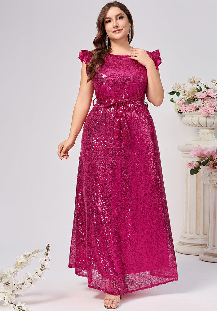 Plus Size Women Sequin Sleeveless Belted Round Neck Sexy Party Dress
