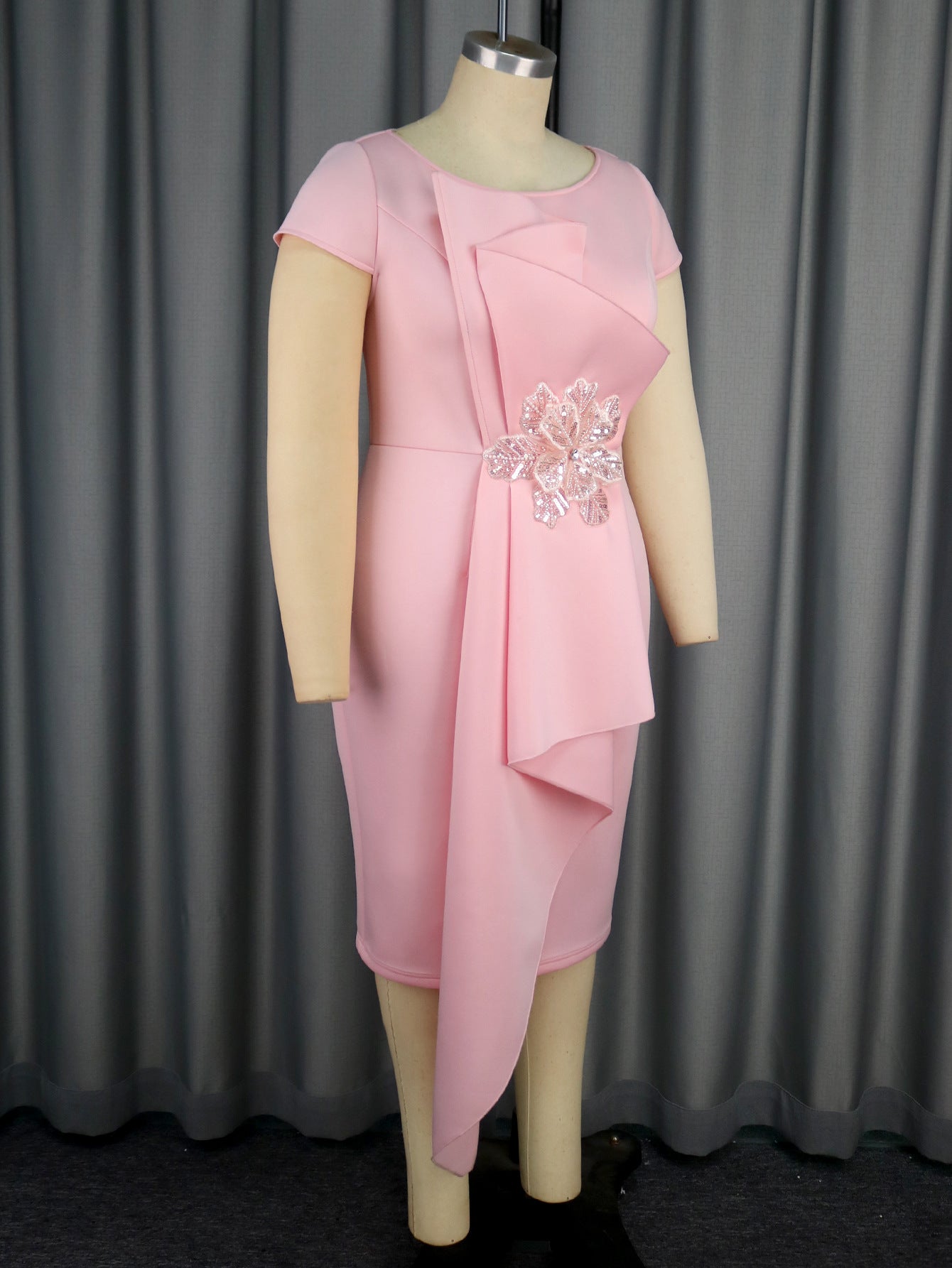 Women Summer Round Neck Short Sleeve Formal Party Patchwork Bodycon Dress 4