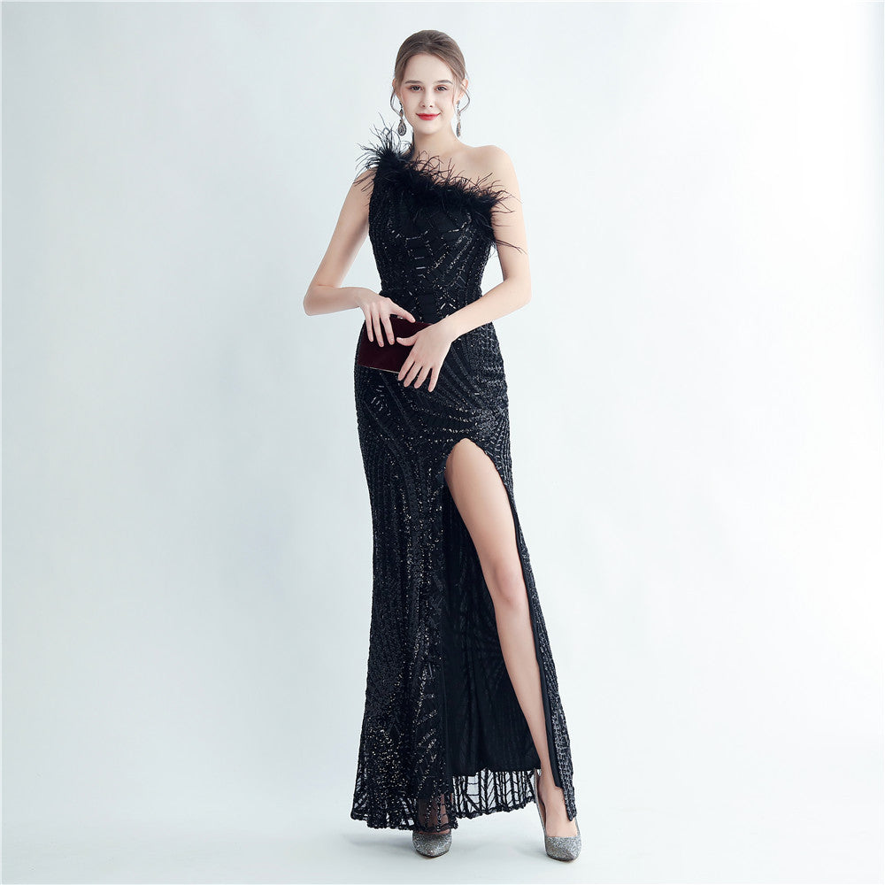Women Ostrich Feather Sequined Slash Shoulder Evening Dress 14
