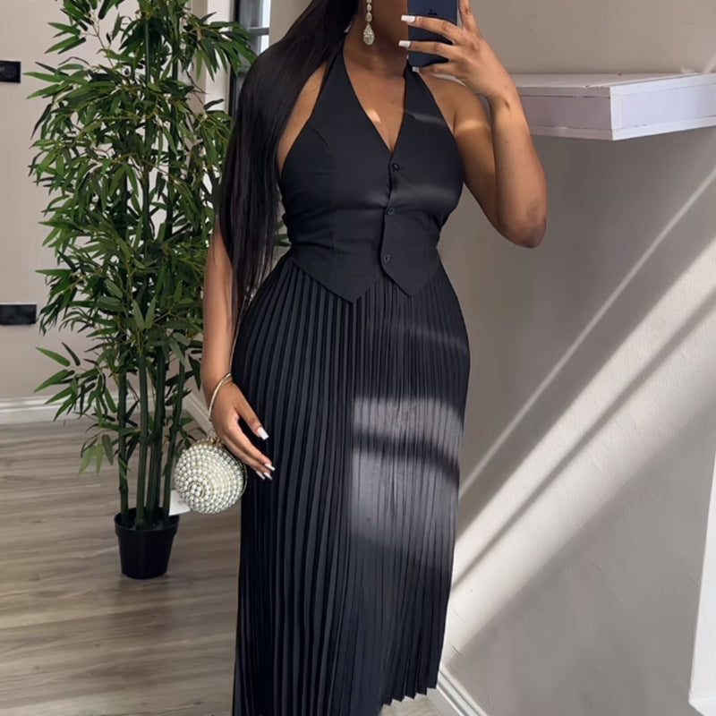 Women Summer Solid Halter Neck Vest And Skirt Casual Two-piece Set 3