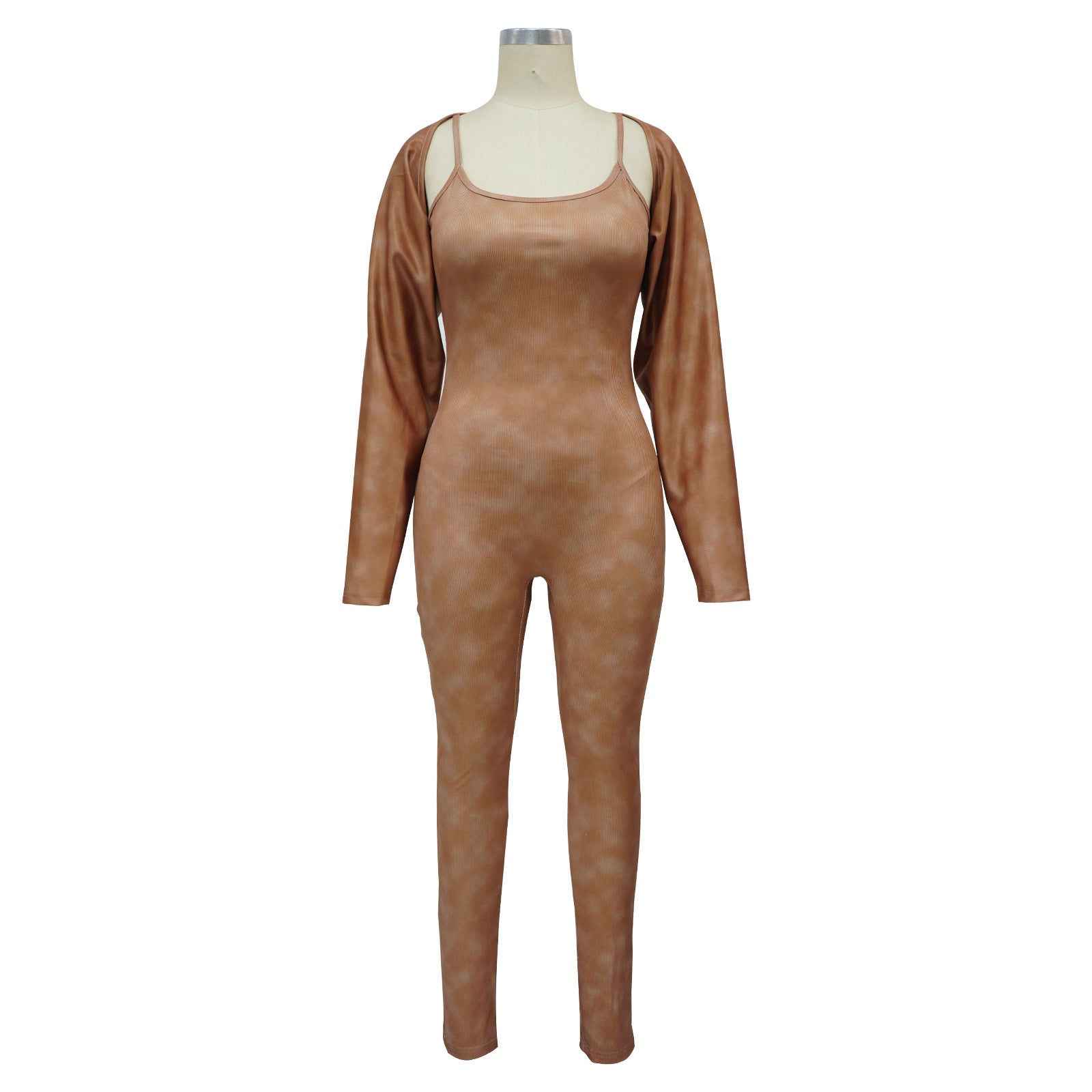 Women's Straps U Neck Sexy Tight Fitting Jumpsuit Long Sleeve Coat Two Piece Set 16