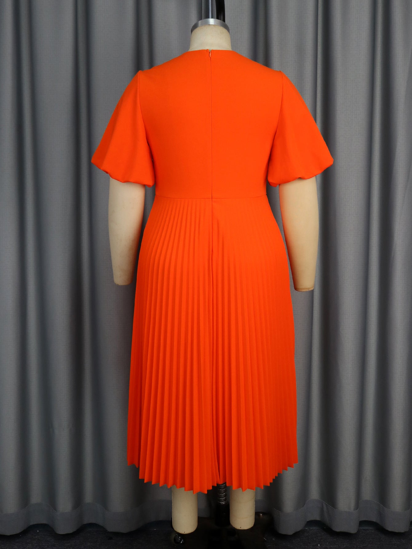 Bright Orange Puff-Sleeve Dress Fashionable Solid Color Party & Career Pleated Dress 5