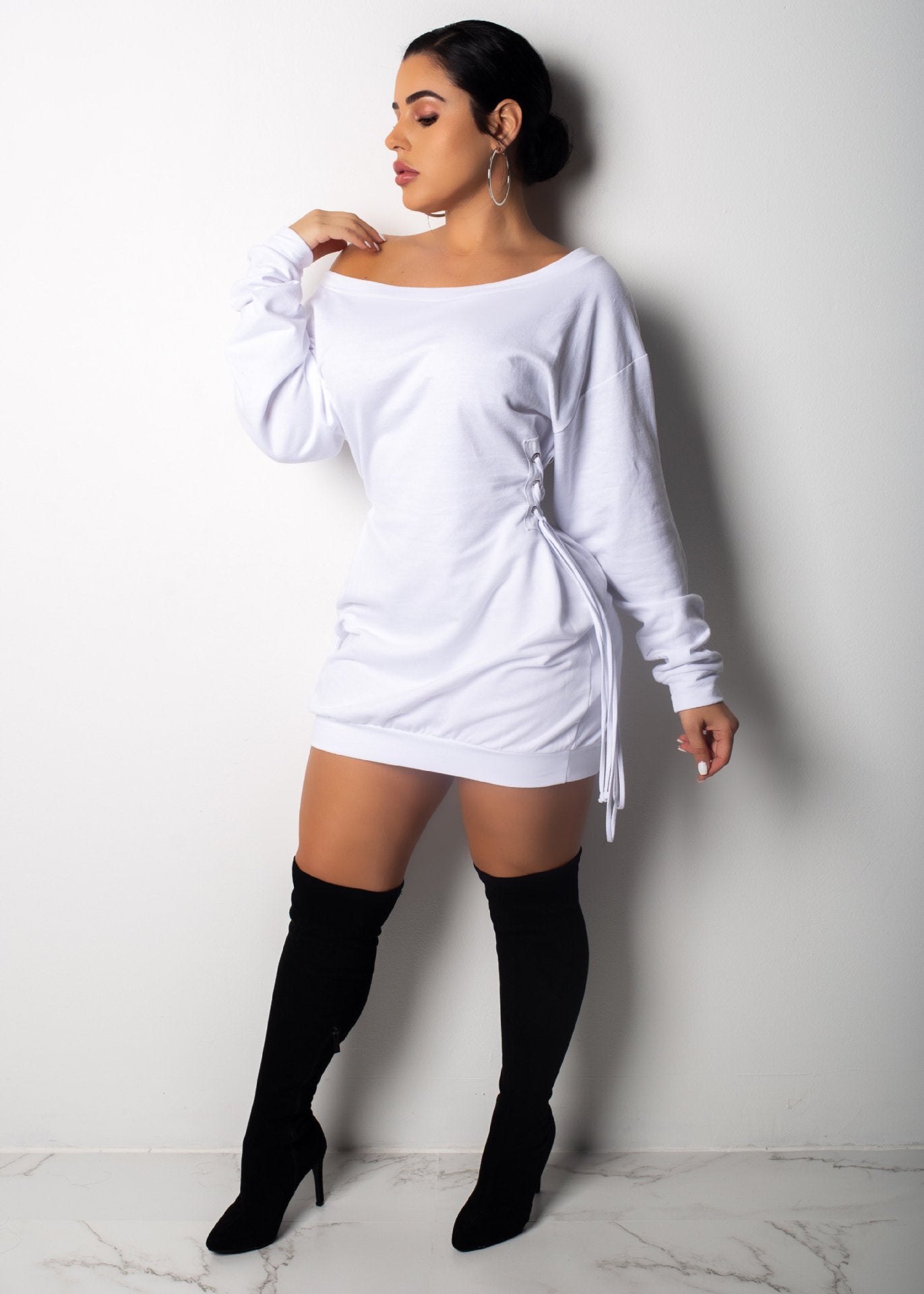 Sexy Off-Shoulder Lace-Up Slim Waist Solid Color Long Sleeve Casual Dress