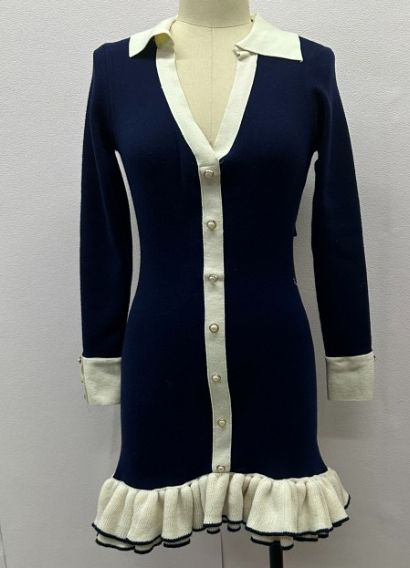 Women Fall Turndown Collar Contrast Color Long Sleeve Dress 7