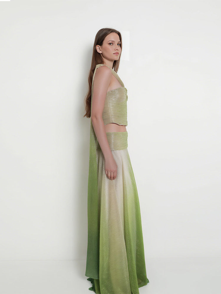 Women Summer Gradient Halter Neck Suspender Top and Skirt Two-Piece Set 12