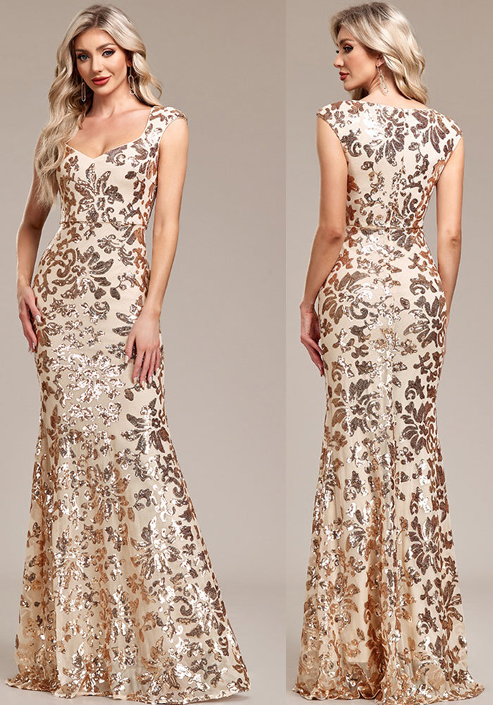 Women Square Neck Mermaid Rose Gold Pattern Sequin Sleeveless Party Evening Dress 3