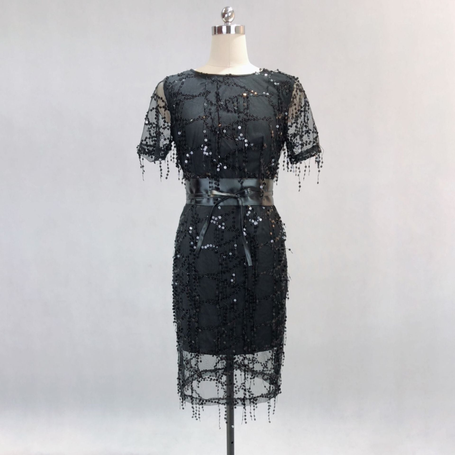 Tassel sequin lining high Elastic Satin with belt Maxi Slim Fit Chic dress party dress 11