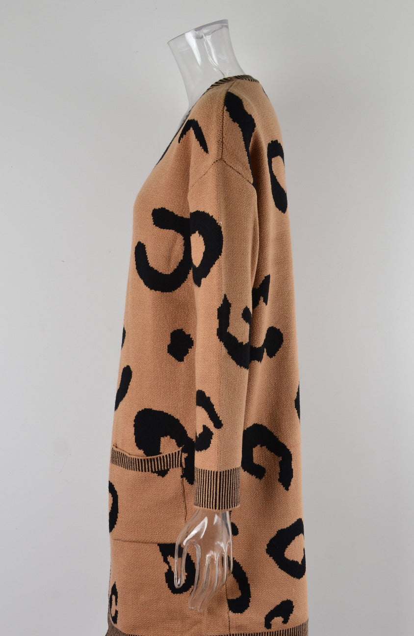 Plus Size Women Fall and Winter Leopard Knitting Cardigan Sweater 24