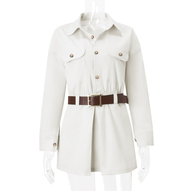 Autumn Women's Fashion Street Button Fake Pocket Long Sleeve Shirt Dress 6