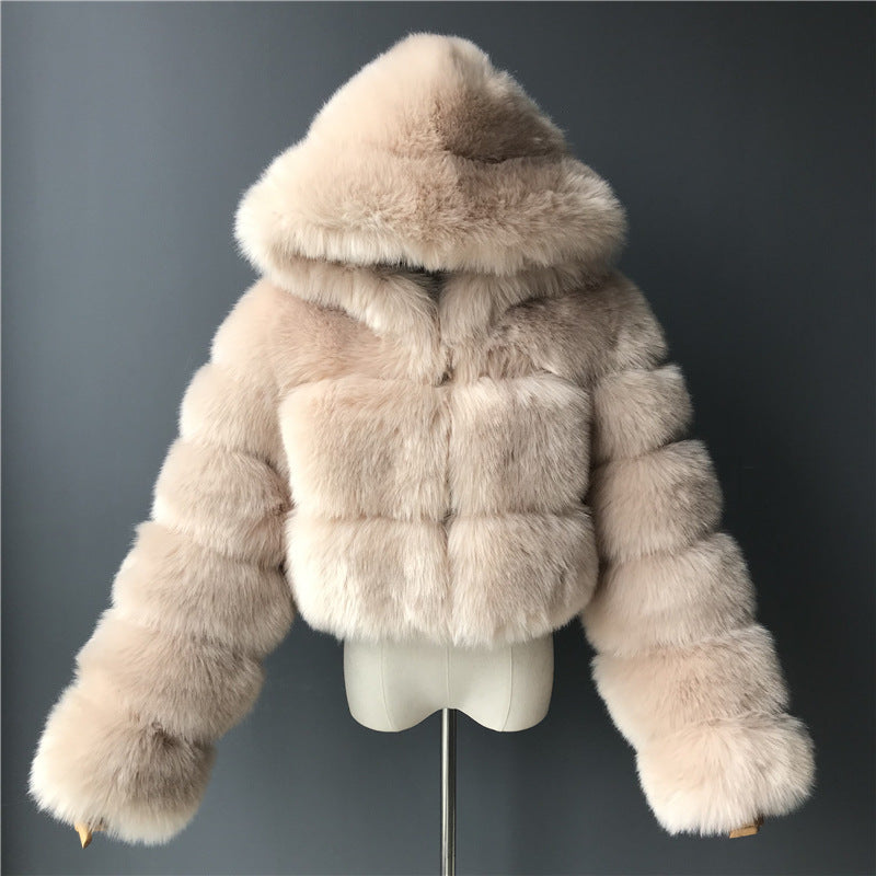 Fur Coat Cropped Hooded Faux Fur Coat Long Sleeve Patchwork Women's Coat 14