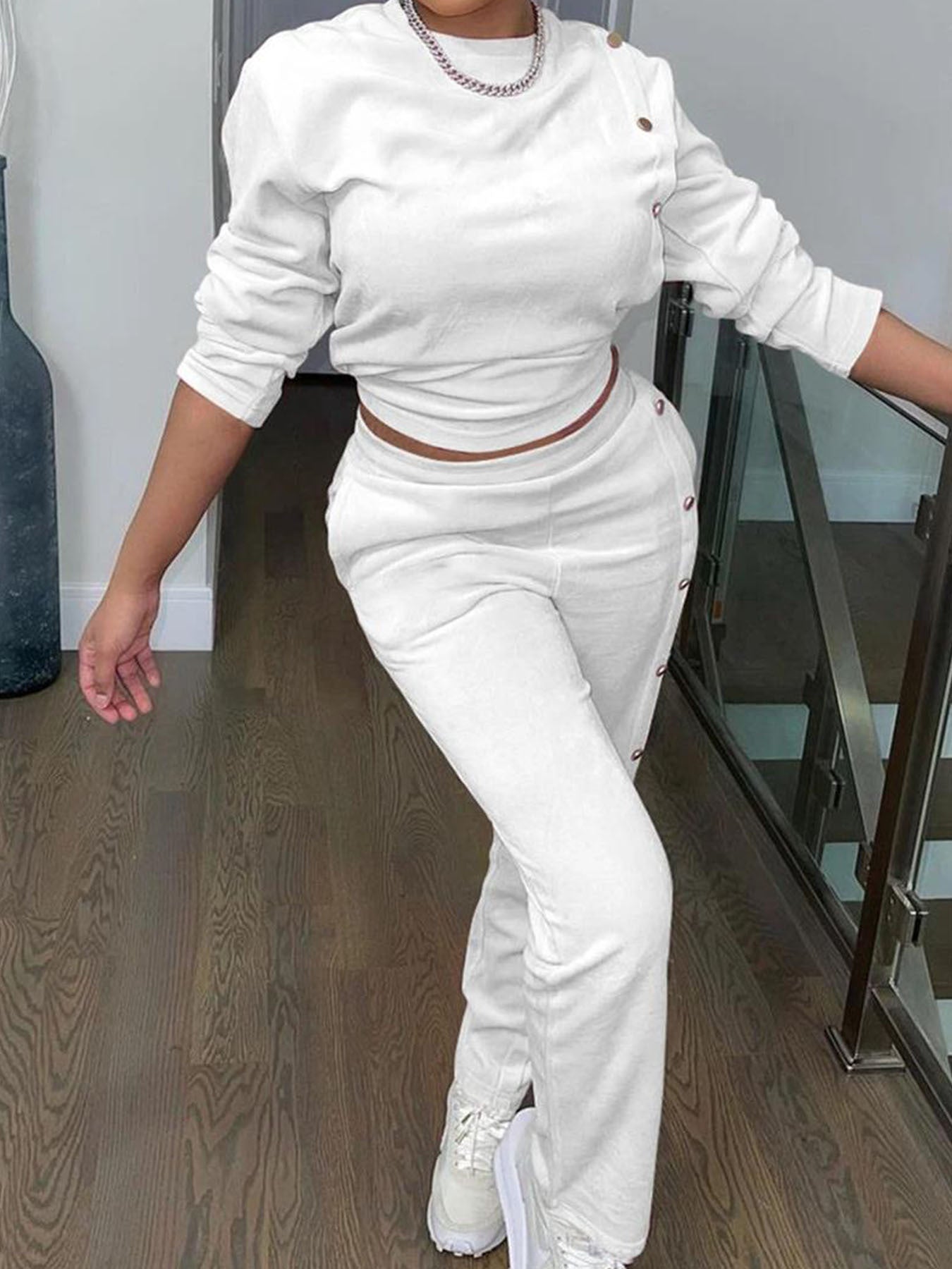 Women Button Fashion Long Sleeve Top and Long Pants Casual Two-piece Set 9