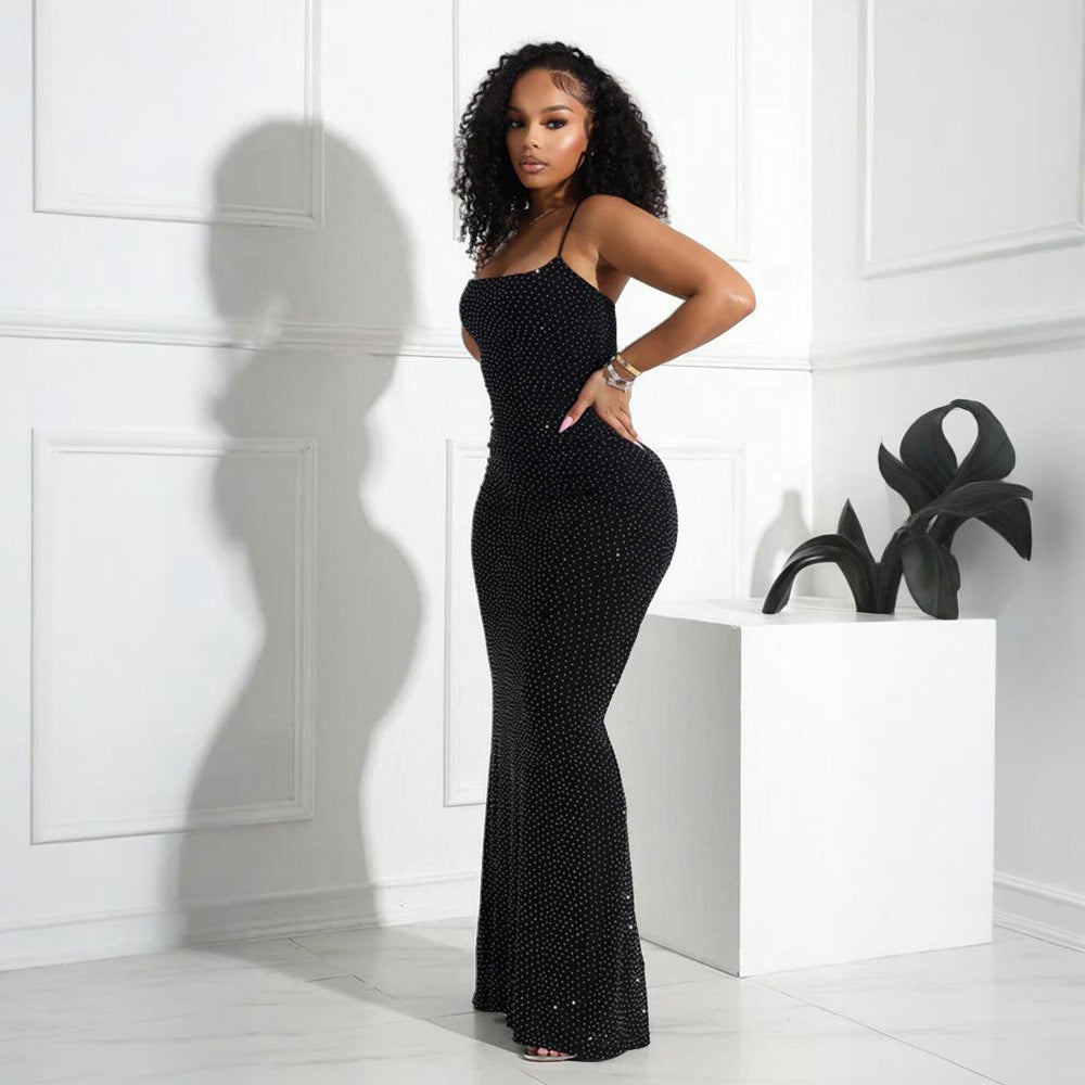 Women Sexy Suspender Beaded Mesh Bodycon Maxi Dress 5
