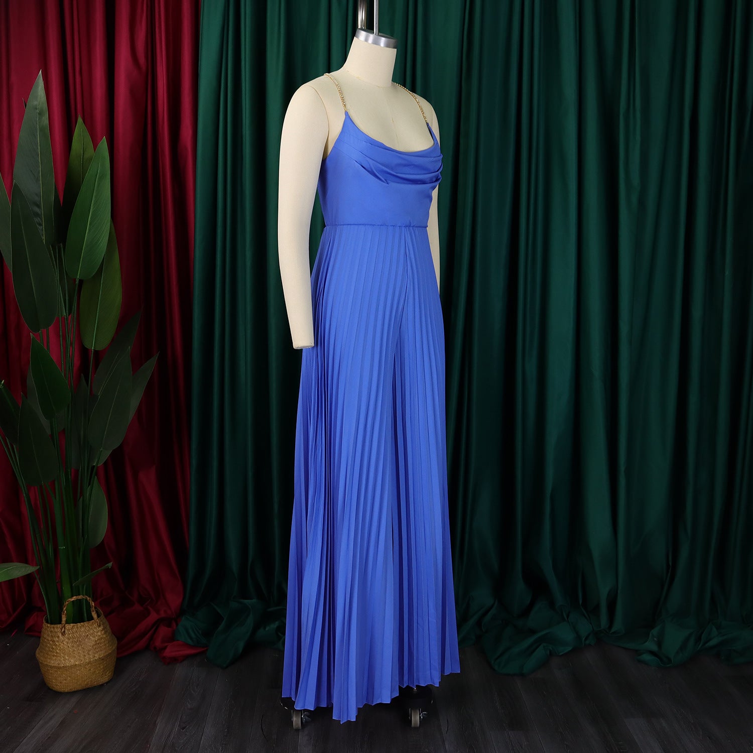 Summer Fashion Sexy Chain Halter Neck Sexy Low Back High Waist Wide Leg Pleated Jumpsuit 29