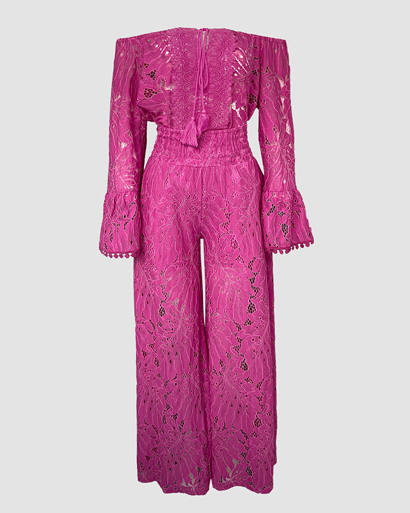 Rose Off-Shoulder Tie Loose Bell-Bottom Sleeve Top & Wide Leg Loose Pants Set 6